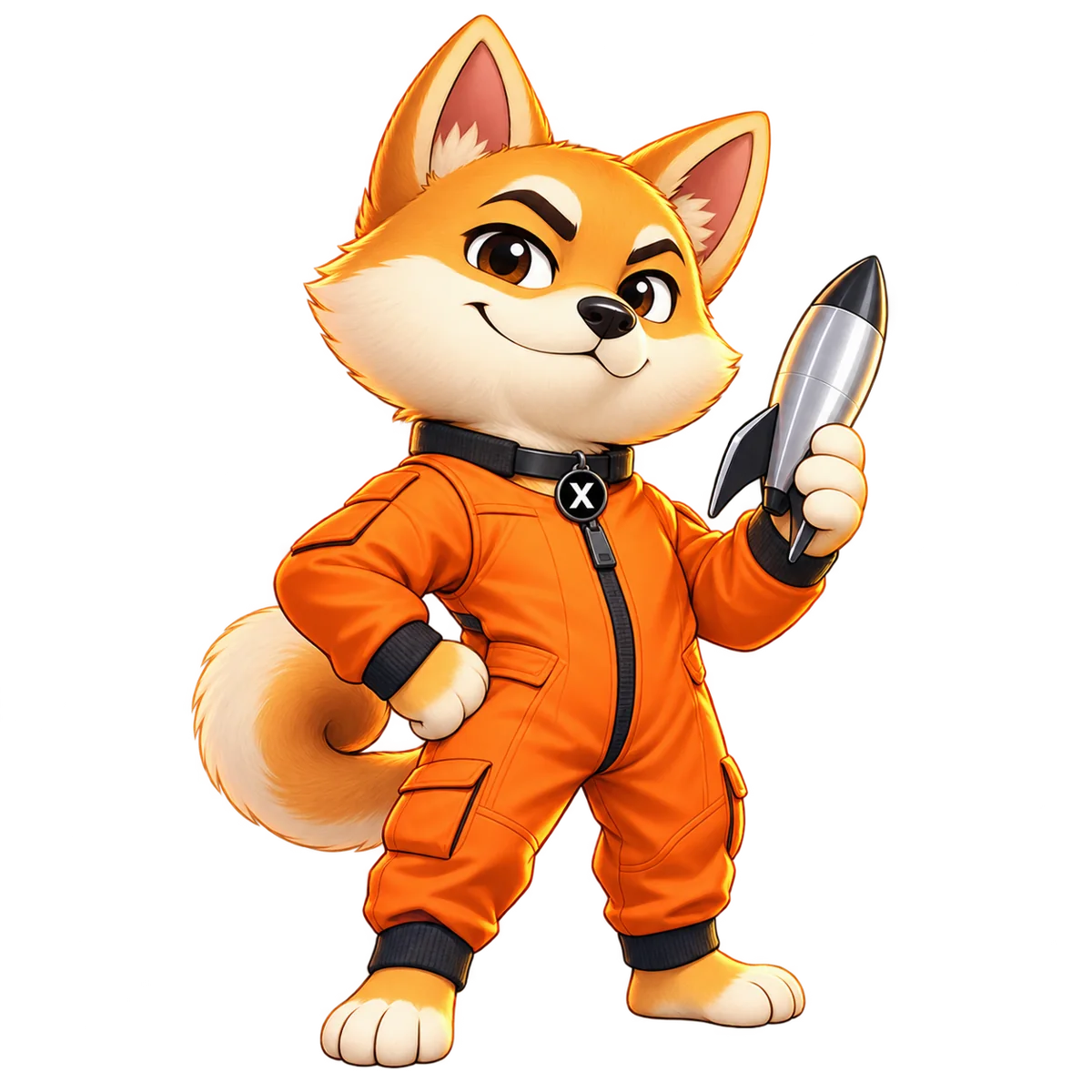 Meet X, the $SI dog mascot, wearing an orange flight suit and holding a rocket